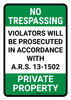 No Trespassing: Private Property Arizona GREEN Portrait - Wall Sign