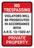 No Trespassing: Private Property Arizona RED v2 Portrait - Wall Sign