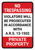No Trespassing: Private Property Arizona RED Portrait - Wall Sign