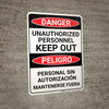 Danger: Unauthorized Personnel Keep Out Bilingual Spanish - Wall Sign Danger: Unauthorized Personnel Keep Out Bilingual Spanish - Wall Sign