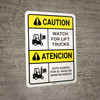 Caution: Watch for Lift Trucks ANSI Bilingual Spanish - Wall Sign Caution: Watch for Lift Trucks ANSI Bilingual Spanish - Wall Sign