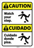 Caution: Watch Your Step With Graphic Bilingual Spanish - Wall Sign Caution: Watch Your Step With Graphic Bilingual Spanish - Wall Sign