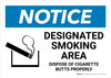 Notice: Designated Smoking Area - Dispose of Cigarette Butts Properly Landscape - Wall Sign Notice: Designated Smoking Area - Dispose of Cigarette Butts Properly Landscape - Wall Sign