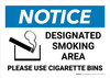 Notice: Designated Smoking Area - Please Use Cigarette Bins with Icon Landscape - Wall Sign Notice: Designated Smoking Area - Please Use Cigarette Bins with Icon Landscape - Wall Sign