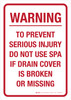 Warning: To Prevent Serious Injury Do Not Use Spa If Drain Cover Broken Portrait - Wall Sign