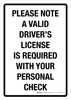 Please Note Valid Driver's License Required With Personal Check Portrait - Wall Sign