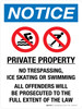 Notice: Private Property No Trespassing Ice Skating Swimming Portrait - Wall Sign