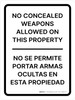 No Concealed Weapons Allowed On This Property Bilingual Spanish Portrait - Wall Sign