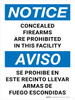 Notice: Concealed Firearms Are Prohibited In This Facility Bilingual Spanish Portrait - Wall Sign