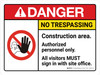 Danger: No Trespassing - Construction Area Landscape - Wall Sign