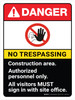 Danger: No Trespassing - Construction Area Portrait - Wall Sign Danger: No Trespassing - Construction Area Portrait - Wall Sign
