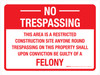 No Trespassing: This Area Is Restricted Construction Site - Trespassing Is Felony Landscape - Wall Sign