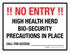 No Entry! - High Health Herd Bio-security Precautions In Place Landscape - Wall Sign