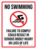 No Swimming - Failure To Comply Could Result In Serious Bodily Injury Or Loss Of Life Portrait - Wall Sign No Swimming - Failure To Comply Could Result In Serious Bodily Injury Or Loss Of Life Portrait - Wall Sign