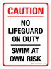 Caution: No Lifeguard On Duty - Swim At Own Risk Portrait - Wall Sign