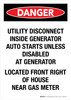 Danger: Utility Disconnect Inside Generator Auto Starts Unless Disabled At Generator Portrait - Wall Sign Danger: Utility Disconnect Inside Generator Auto Starts Unless Disabled At Generator Portrait - Wall Sign