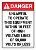 Danger: Unlawful To Operate This Equipment Within 10 Feet Of High Voltage Lines ANSI Portrait - Wall Sign