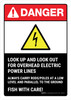 Danger: Look Up And Look Out For Overhead Electric Power Lines - Fish With Care ANSI Portrait - Wall Sign Danger: Look Up And Look Out For Overhead Electric Power Lines - Fish With Care ANSI Portrait - Wall Sign