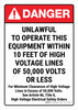 Danger: Unlawful To Operate This Equipment Within 10 Feet Of High Voltage Lines - See Article 86 Title 8 ANSI Portrait - Wall Sign Danger: Unlawful To Operate This Equipment Within 10 Feet Of High Voltage Lines - See Article 86 Title 8 ANSI Portrait - Wall Sign