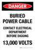 Danger: Buried Power Cable Contact Electrical Department Before Digging 13000 Volts Portrait - Wall Sign