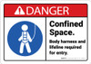 Danger: Confined Space Body Harness And Lifeline Required with Icon ANSI - Wall Sign