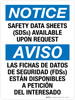 Notice: Safety Data Sheets (SDSs) Available Upon Request Bilingual Portrait - Wall Sign Notice: Safety Data Sheets (SDSs) Available Upon Request Bilingual Portrait - Wall Sign