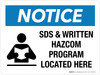 Notice: SDS & Written HAZCOM Program Located Here Landscape - Wall Sign