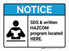 Notice: SDS & Written HAZCOM Program Located Here ANSI Landscape - Wall Sign