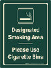 Designated Smoking Area - Please Use Cigarette Bins Portrait - Wall Sign Designated Smoking Area - Please Use Cigarette Bins Portrait - Wall Sign