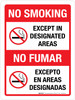 No Smoking: Except In Designated Areas Bilingual Portrait - Wall Sign