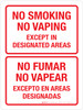 No Smoking No Vaping - Except in Designated Areas Bilingual Portrait - Wall Sign