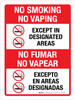 No Smoking No Vaping Except In Designated Areas - Bilingual Portrait - Wall Sign