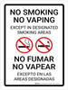 No Smoking No Vaping Except in Designated Smoking Areas Bilingual Portrait - Wall Sign No Smoking No Vaping Except in Designated Smoking Areas Bilingual Portrait - Wall Sign