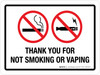 Thank You For Not Smoking Or Vaping Landscape - Wall Sign Thank You For Not Smoking Or Vaping Landscape - Wall Sign