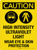 Caution: High Intensity Ultraviolet Light Wear Eye & Skin Protection with Icons Portrait - Wall Sign Caution: High Intensity Ultraviolet Light Wear Eye & Skin Protection with Icons Portrait - Wall Sign