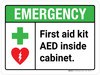 Emergency: First Aid Kit AED Inside Cabinet ANSI Landscape - Wall Sign