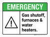 Emergency: Gas Shutoff Furnaces & Water Heaters ANSI Landscape - Wall Sign