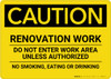 Caution: Renovation Work Do Not Enter Work Area Unless Authorized No Smoking Eating Drinking - Wall Sign