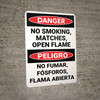 Danger: No Smoking Matches Flames Bilingual Spanish - Wall Sign