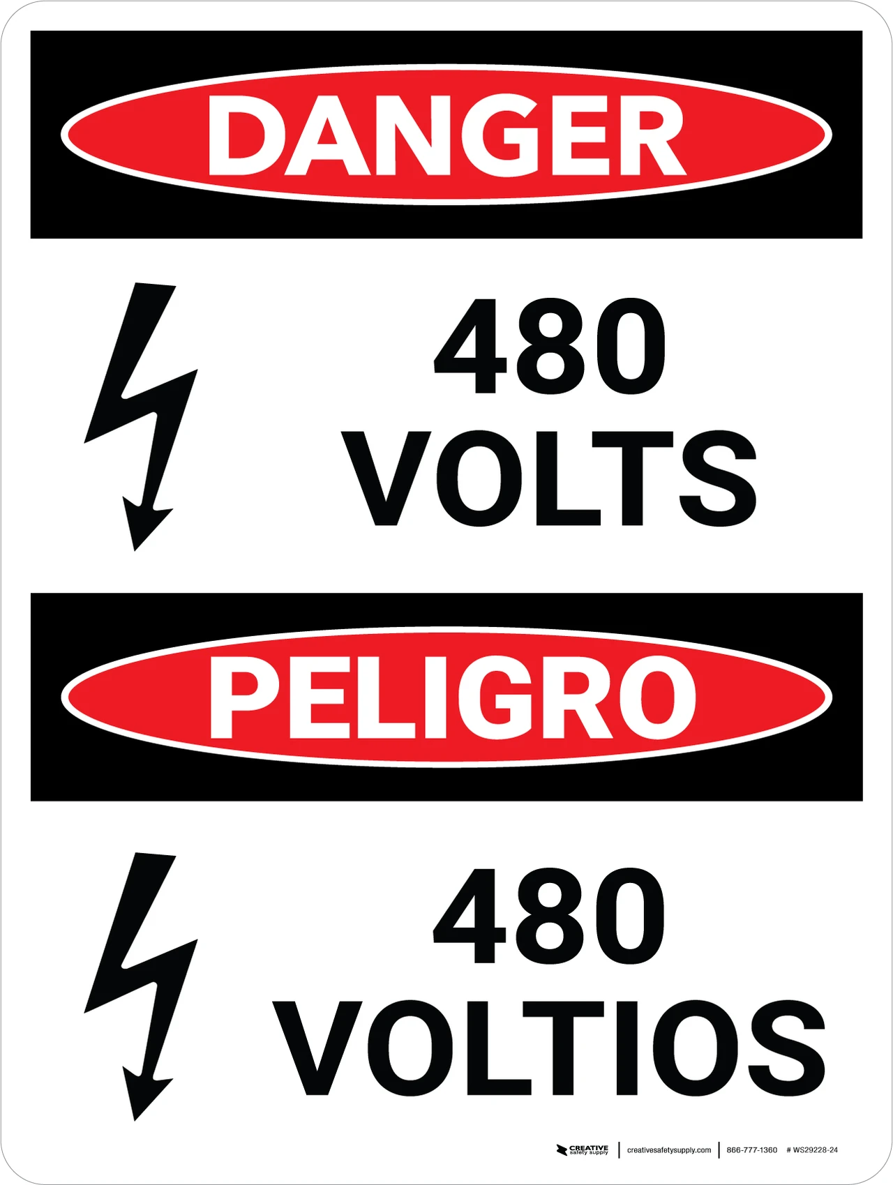 Danger: 480 Volts Bilingual Spanish Portrait with Icon - Wall Sign