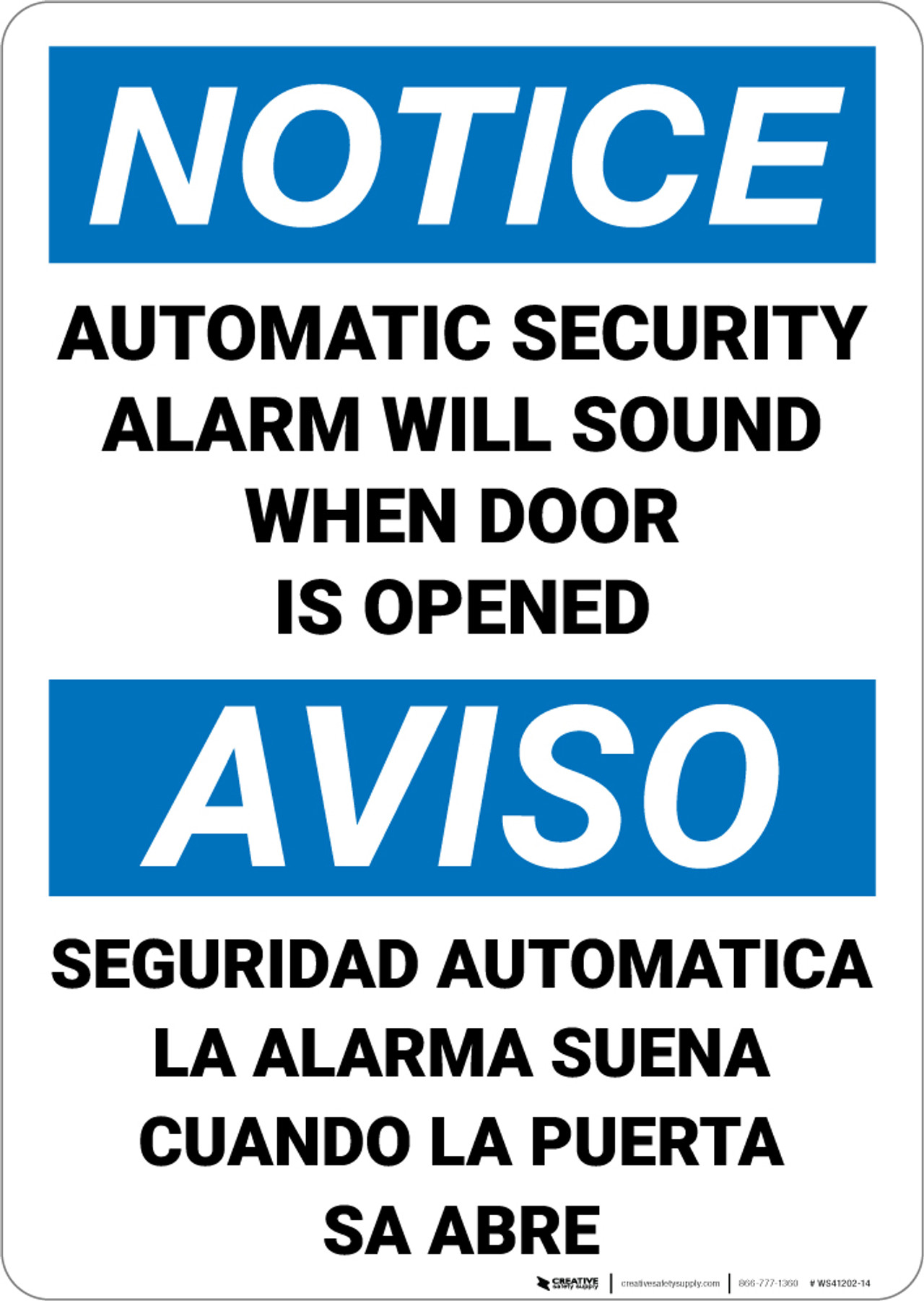 Notice Automatic Security Alarm Will Sound Bilingual Spanish Wall Sign