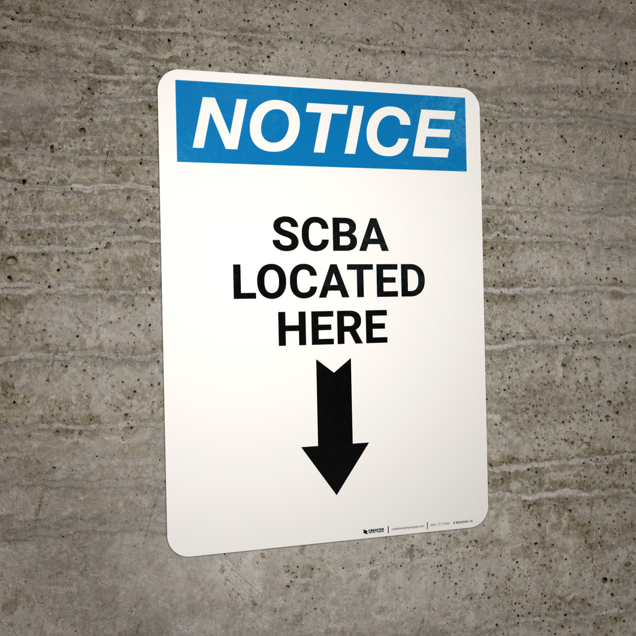 Notice: SCBA Located Here with Down Arrow - Wall Sign