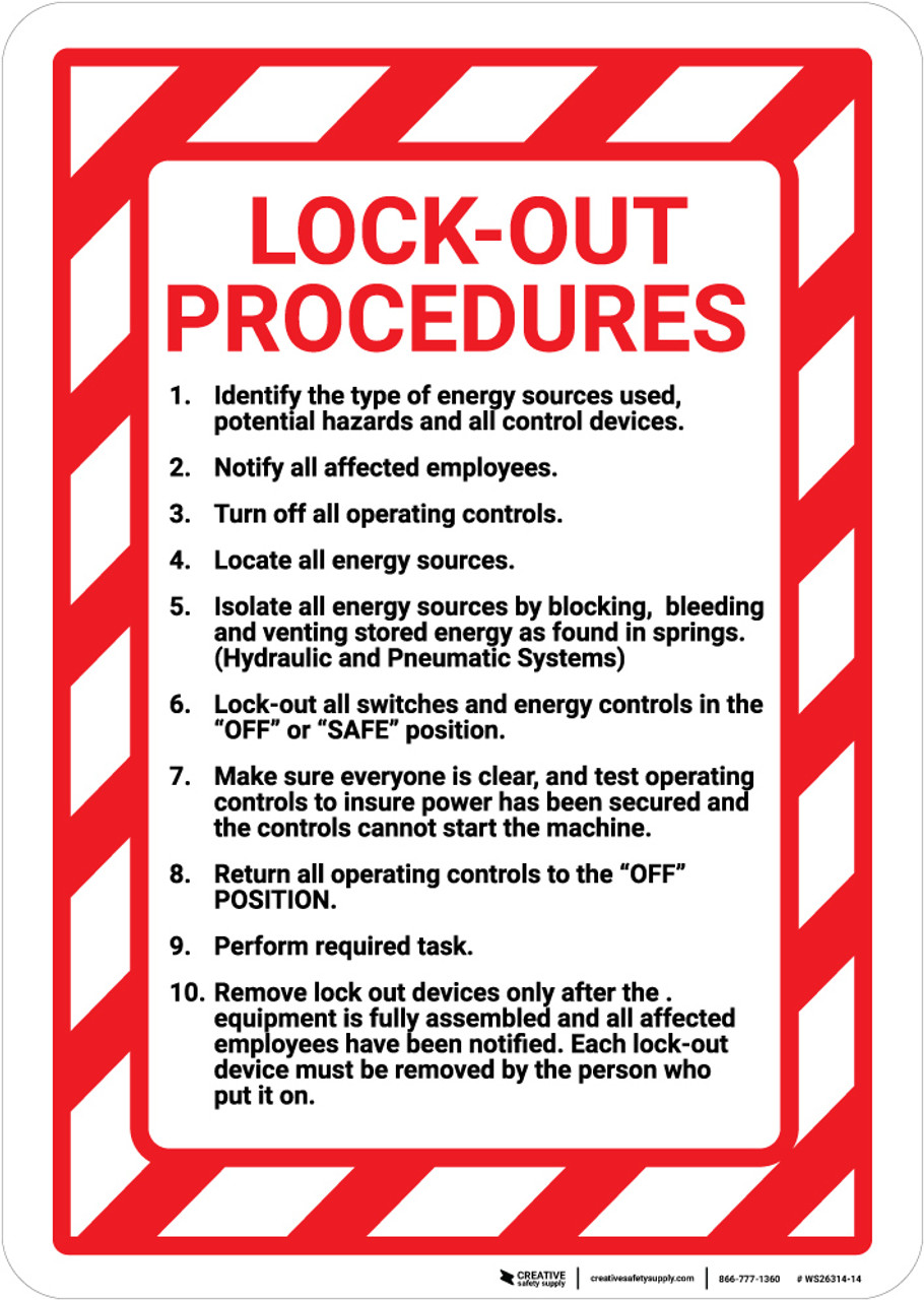 Lock Out Procedures with Hazard Border Portrait - Wall Sign