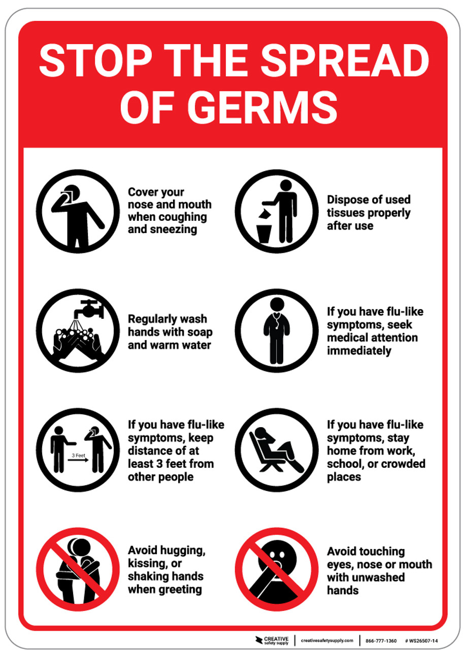 Stop The Spread Of Germs Eight Rules With Icons Portrait Wall Sign