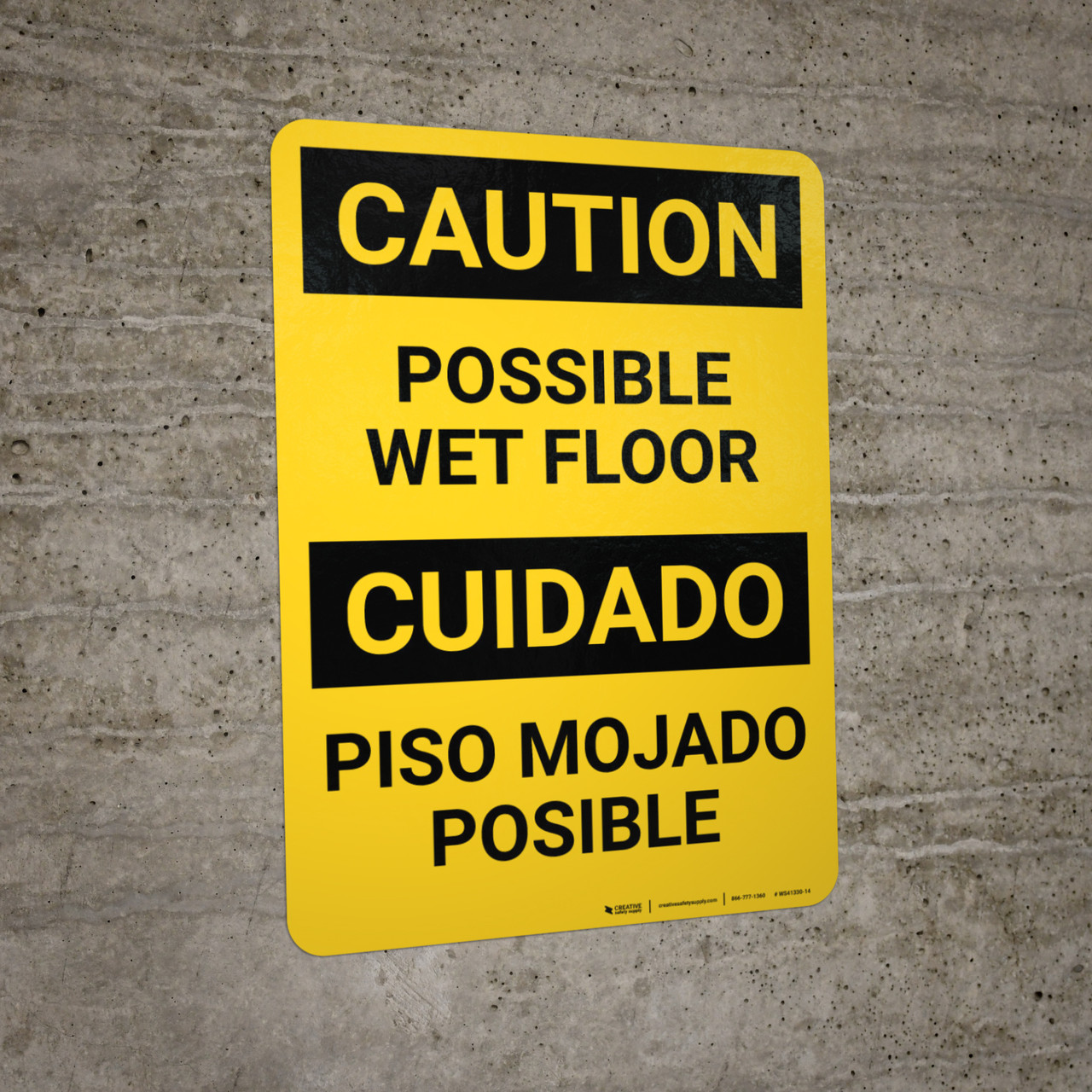 Caution Possible Wet Floor Bilingual Spanish Portrait Wall Sign