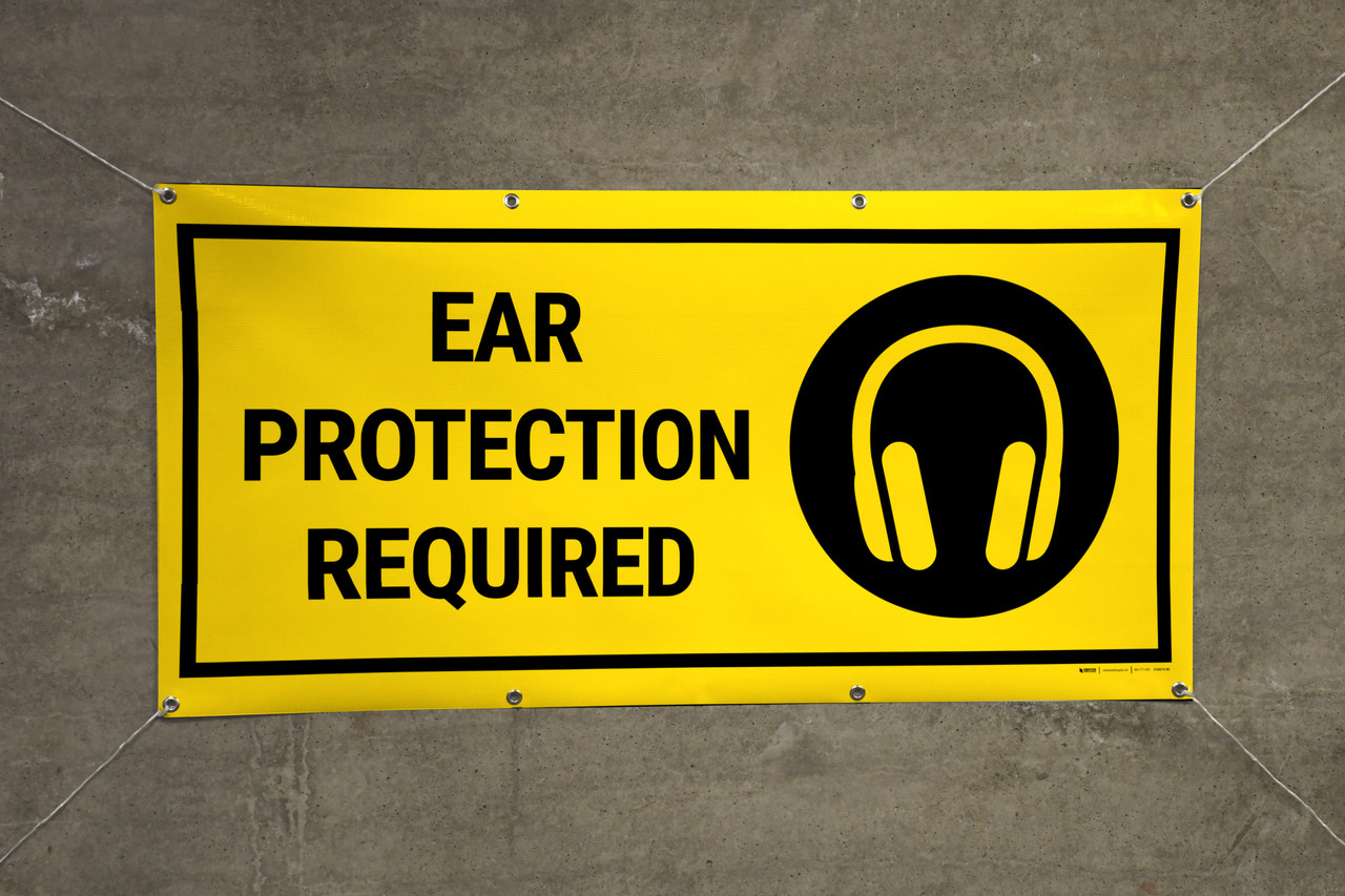 Ear Protection Required Icon On Black Circle Banner