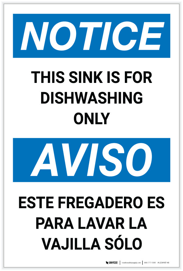 Notice Sink Is For Dishwashing Only Bilingual Spanish Portrait Label