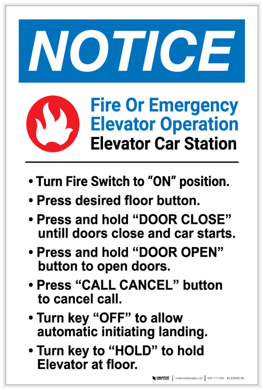 Notice Fire Or Emergency Elevator Operation Label