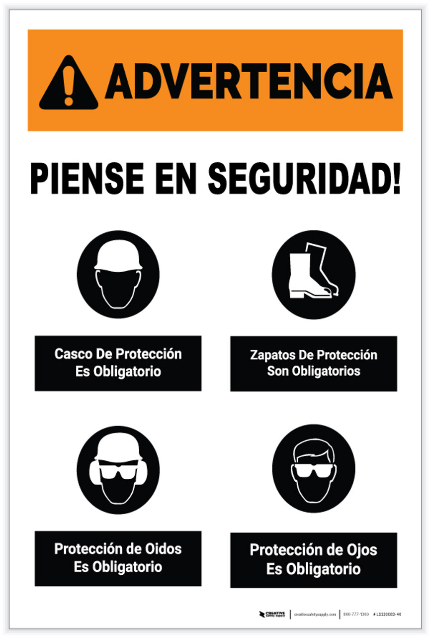 Warning: Think Safety PPE Must Be Worn Spanish Portrait - Label