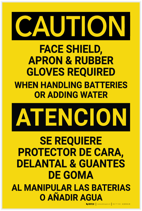 Caution PPE Required When Handling Batteries Bilingual Spanish Label